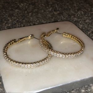 FRANCESCAS JOCELYN CRYSTAL BAGUETTE GOLD HOOPS